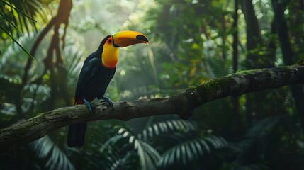 Fototapeta premium Toucan tropical bird sitting on a tree branch in natural wildlife environment in rainforest jungle : Generative AI