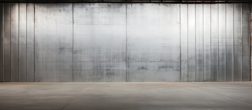 A warehouse building featuring a metal sheet wall in juxtaposition with a concrete floor. with copy space image. Place for adding text or design