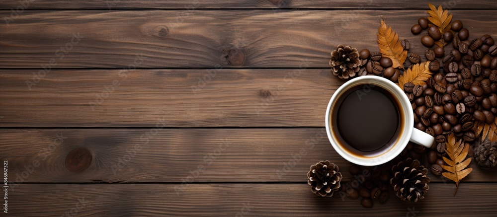 Poster Coffee cup filled with beans, surrounded by pine cones, on a rustic wooden table. with copy space image. Place for adding text or design