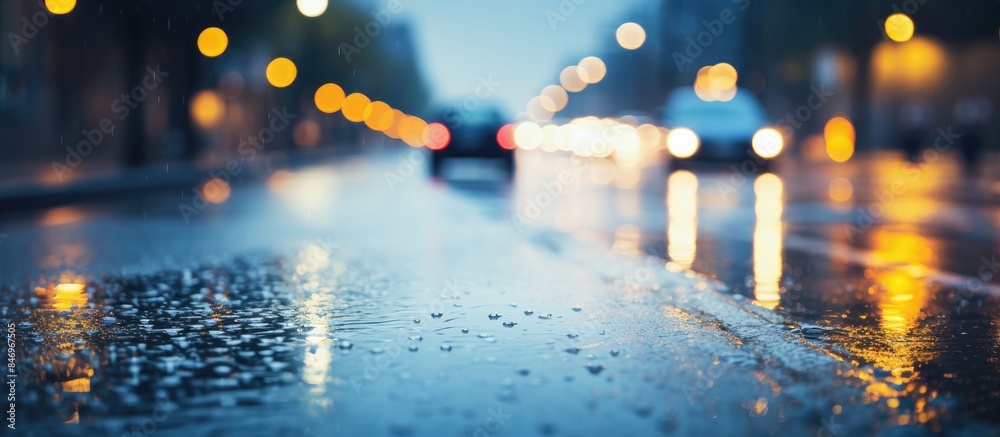 Poster rainy day in the city, cars' headlights approaching on wet road at the level of the dividing line in