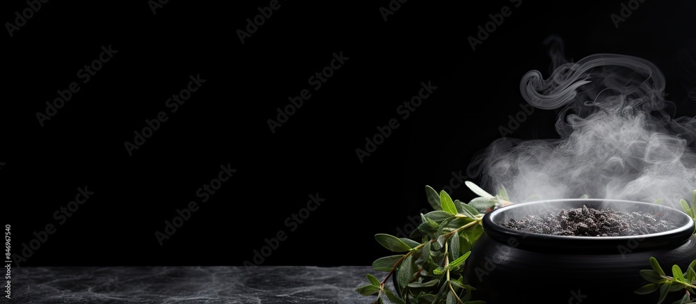 Fototapete Close-up view of a bowl filled with steaming hot food, creating a tempting and appetizing sight. with copy space image. Place for adding text or design