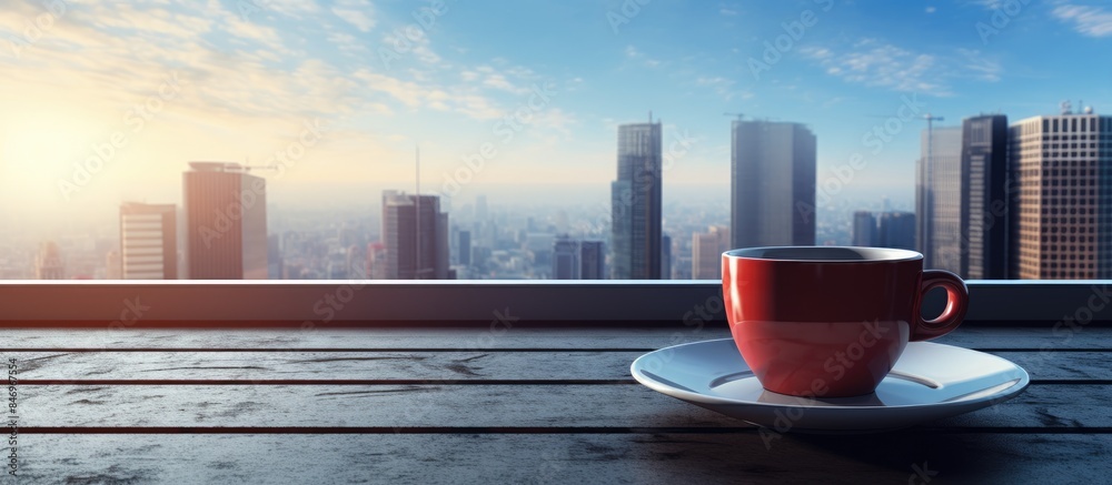 Poster coffee cup on saucer, placed on wooden table with a view of the city skyline. with copy space image.