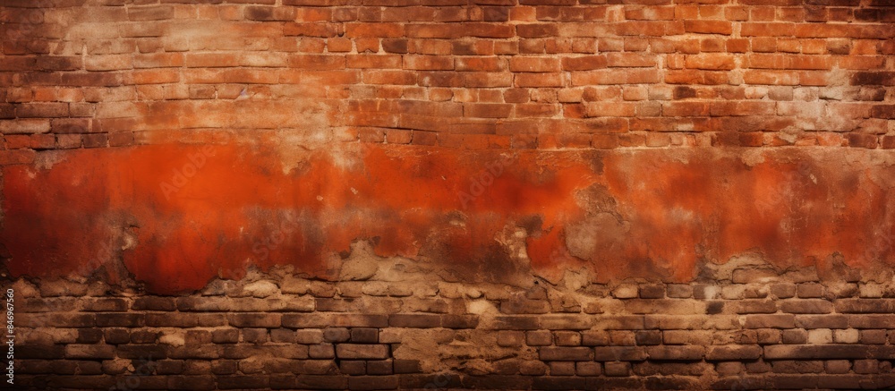 Aufkleber Weathered brick wall displaying a red paint coating in a background of red-orange bricks. with copy space image. Place for adding text or design