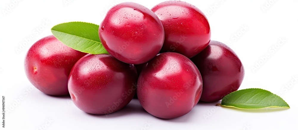 Leinwandbilder ripe and juicy red plums arranged together with fresh green leaves on a clean white surface. with co