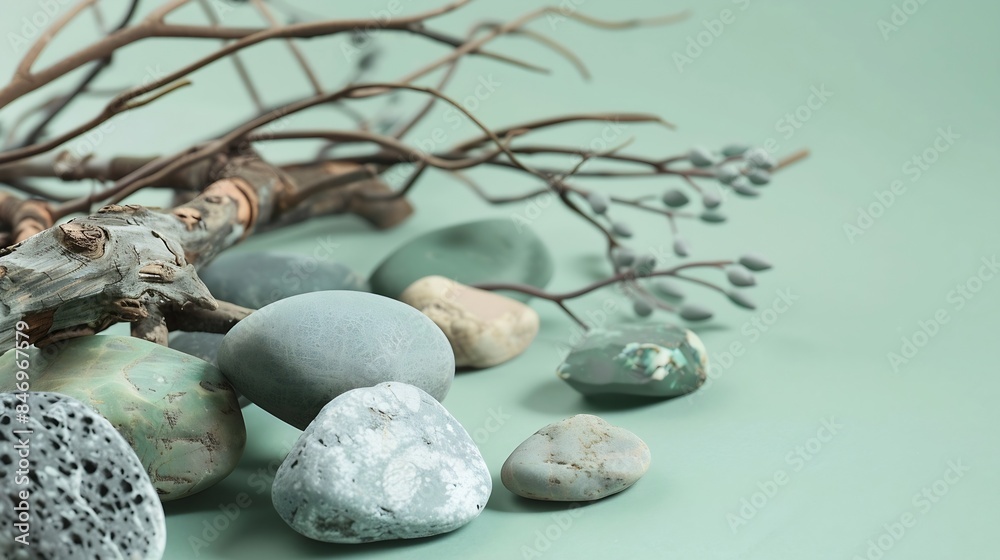 Poster abstract nature scene with a composition of juniper stones and dry snags neutral green background fo