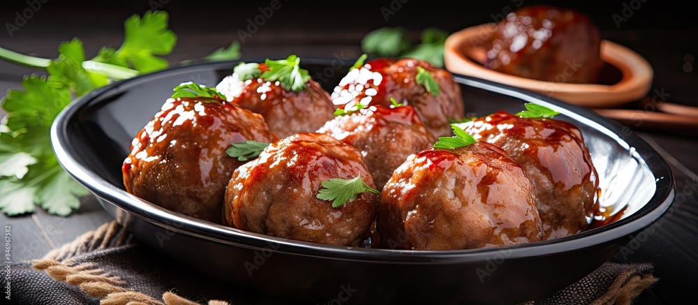 Fototapete pork meatballs cooked in a flavorful sauce and garnished with fresh parsley, making a mouthwatering 