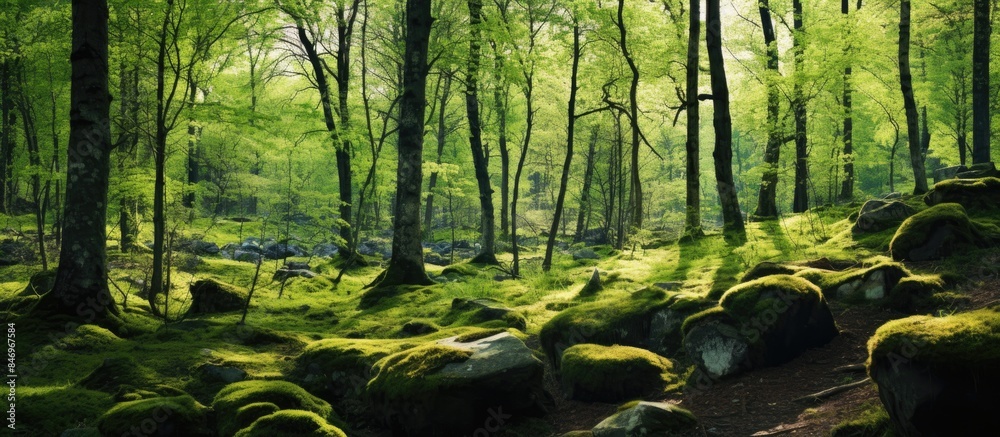 Aufkleber scenic features of a spring forest in east europe, showcasing its natural beauty and charm. with cop