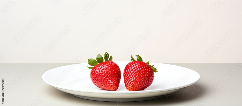 Fototapete a white plate displays a pair of fresh strawberries placed on a wooden table. with copy space image.