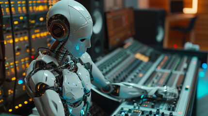 
Humanoid AI robot working at the radio station studio, artificial intelligence and entertainment concept