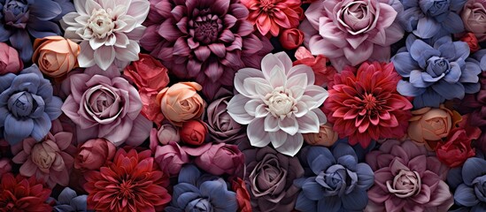 Vibrant close-up of a variety of flowers with elegant and overlapping petals conveying popular...