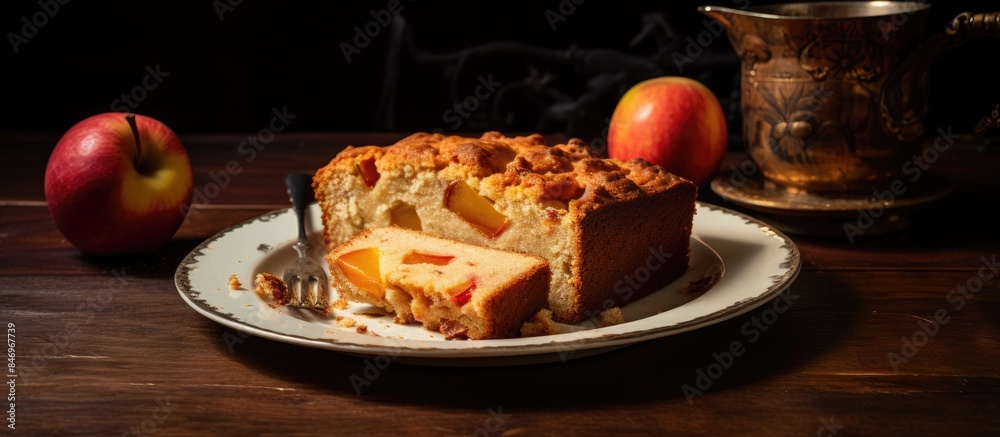 Poster sliced spicy apple loaf cake arranged on a plate, ready to be savored with a fork. with copy space i