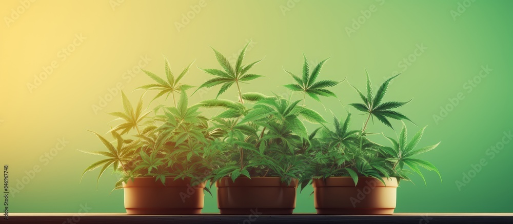 Poster Arrangement of three potted plants displayed on a shelf with a vibrant green background. with copy space image. Place for adding text or design