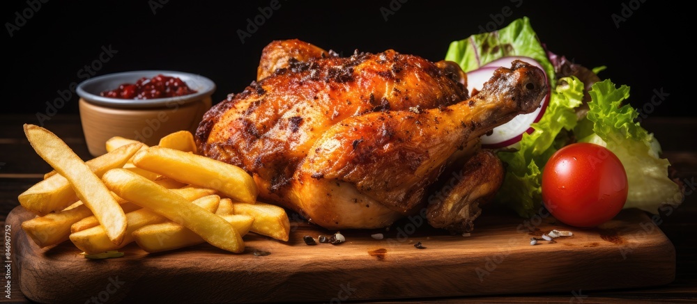 Leinwandbilder chicken and french fries displayed on a wooden cutting board along with fresh lettuce and ripe tomat
