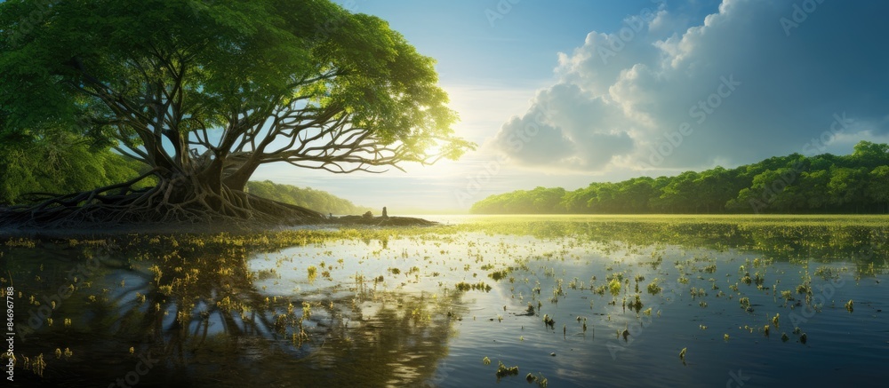 Poster captured is a majestic, large tree standing prominently in a verdant forest near a serene lake, emph