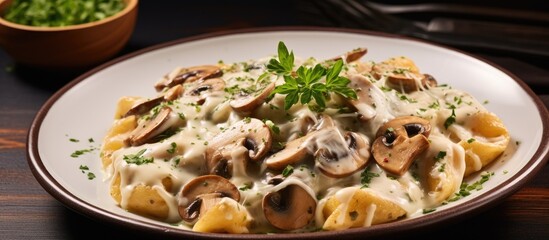 Close-up of delicious tortellini pasta with mushroom cream sauce and cheese, the perfect Italian food style dish. with copy space image. Place for adding text or design