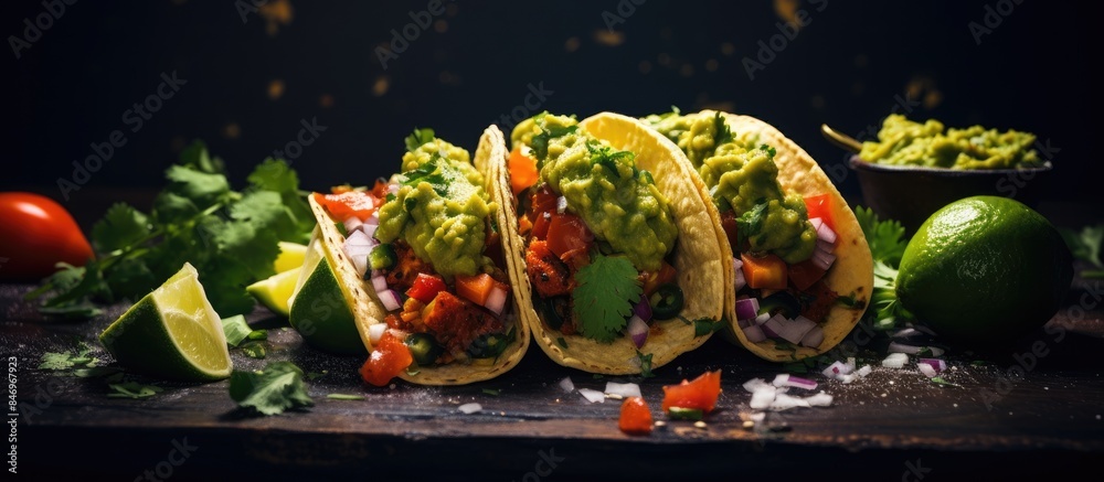 Aufkleber Mexican tacos filled with guacamole, tomatoes, onions, and cheese arranged on a rustic wooden table. with copy space image. Place for adding text or design