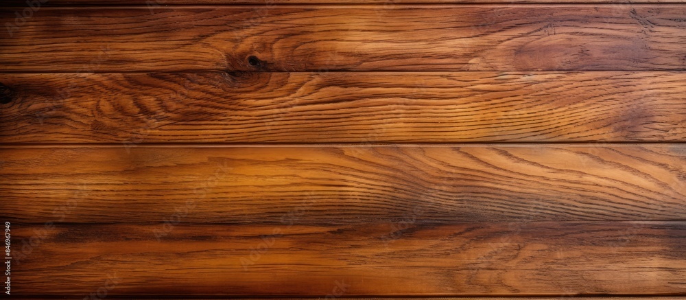 Poster detailed view of a wooden floor displaying a rich brown stain, teak wood grain color. with copy spac