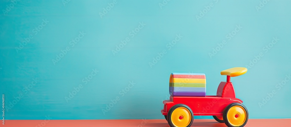 Poster A miniature toy truck carrying a stack of books on its back, emphasizing the concept of education and transportation. with copy space image. Place for adding text or design
