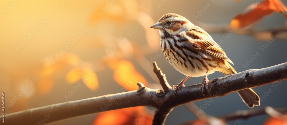 Aufkleber Tiny avian perched on a branch, Song Sparrow in search of morning meal. with copy space image. Place for adding text or design