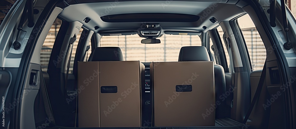 Poster A vehicle transporting a rectangular storage container in its back area. with copy space image. Place for adding text or design