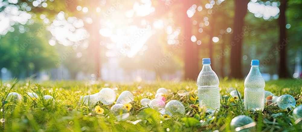 Aufkleber Close-up of two plastic water bottles placed on green grass, showcasing environmental concerns and littering impact. with copy space image. Place for adding text or design