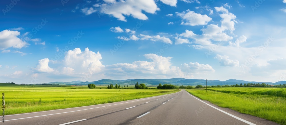 Aufkleber A picturesque view of an open road cutting through a lush green field under a clear blue sky with fluffy clouds. with copy space image. Place for adding text or design