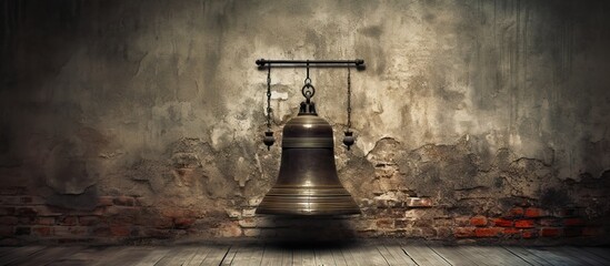 An aged school bell is mounted on the wall with a metal chain attached. with copy space image. Place for adding text or design