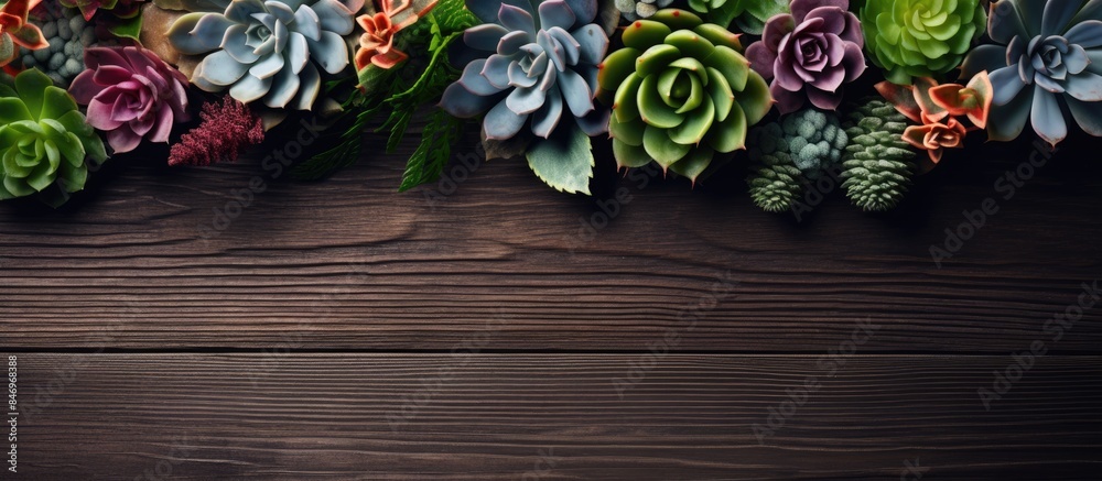 Aufkleber Assorted succulents displayed on a rustic wooden table, creating a natural and vibrant scene. with copy space image. Place for adding text or design