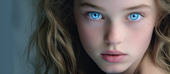 Portrait of a young girl with striking blue eyes and flowing long hair. with copy space image. Place for adding text or design
