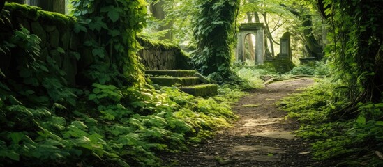 A tranquil path meanders through a lush forest, revealing a gate at its center surrounded by greenery. with copy space image. Place for adding text or design