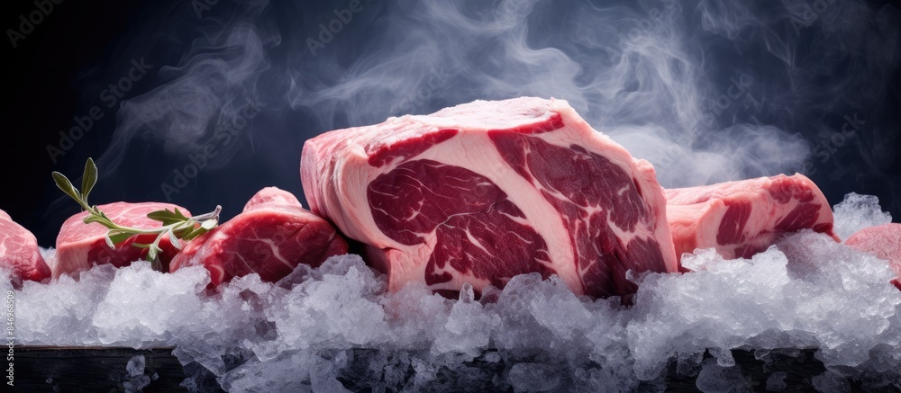 Poster assorted raw meat products displayed on a bed of ice, ready for cooking. with copy space image. plac