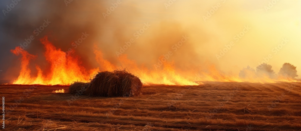 Poster A tractor is actively plowing a vast field that is scattered with hay stacks. with copy space image. Place for adding text or design
