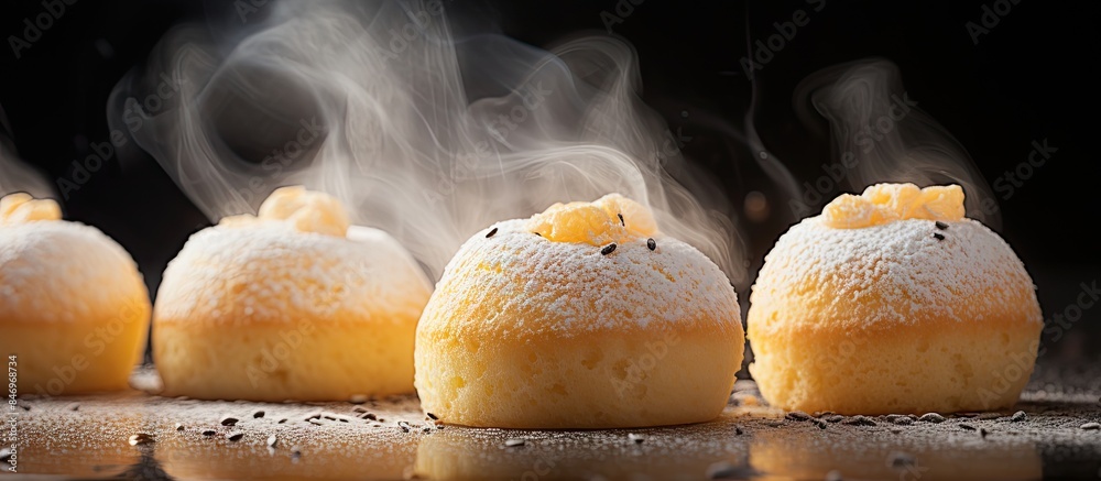 Fototapete Four tiny desserts topped with powdered sugar, creating a sweet and delightful treat. with copy space image. Place for adding text or design