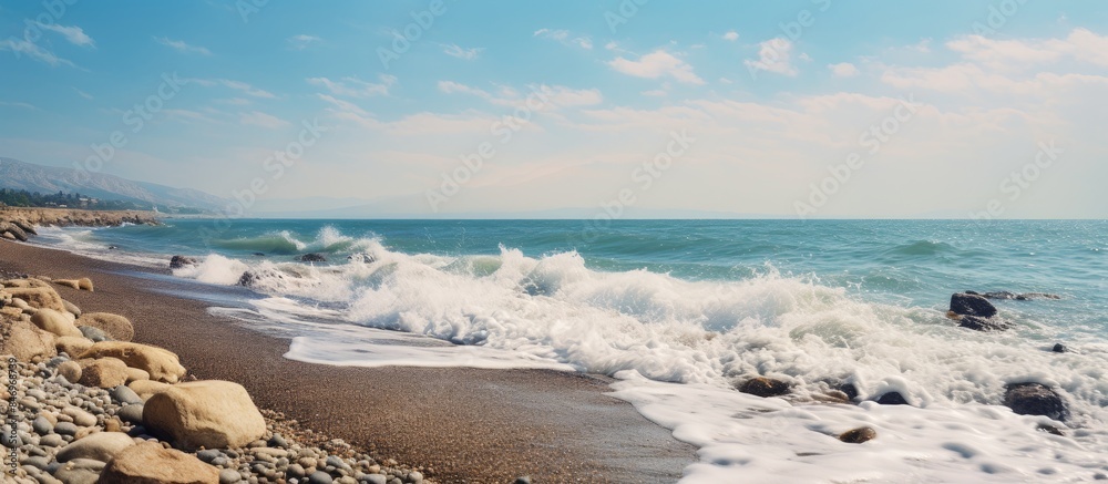 Aufkleber Rocky sea shore with small pebbles and white foam waves crashing on the beach. with copy space image. Place for adding text or design