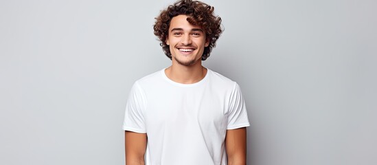 Portrait of a cheerful guy with curly hair wearing a white t-shirt, looking at empty space on a grey background. with copy space image. Place for adding text or design
