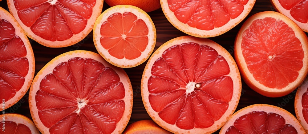 Aufkleber close-up view of a group of grapefruits halved and displayed, showcasing juicy segments. with copy s
