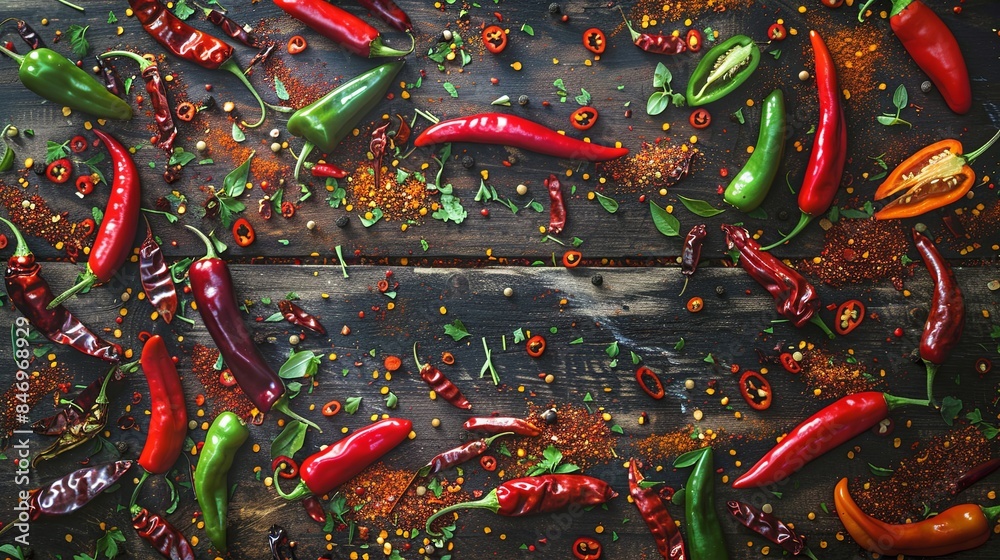 Poster A rustic wooden surface is adorned with a vibrant array of fresh and dried chili peppers, showcasing a variety of colors and shapes. Generative AI