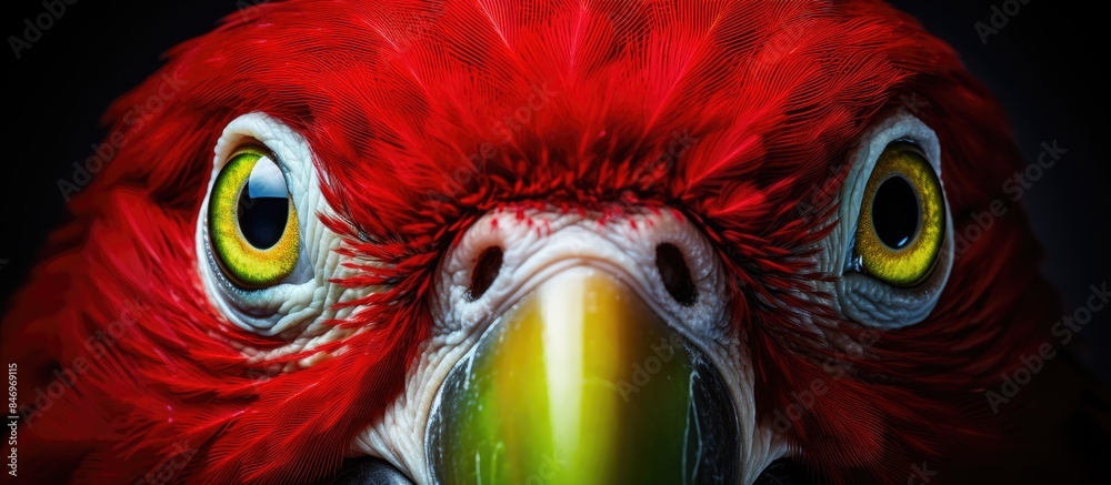 Aufkleber vivid red parrot with striking green eye and distinctive yellow beak in a close-up shot. with copy s