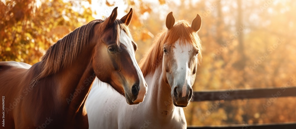 Aufkleber Two elegant horses are seen standing within a fenced enclosure, with a backdrop of trees in the distance. with copy space image. Place for adding text or design