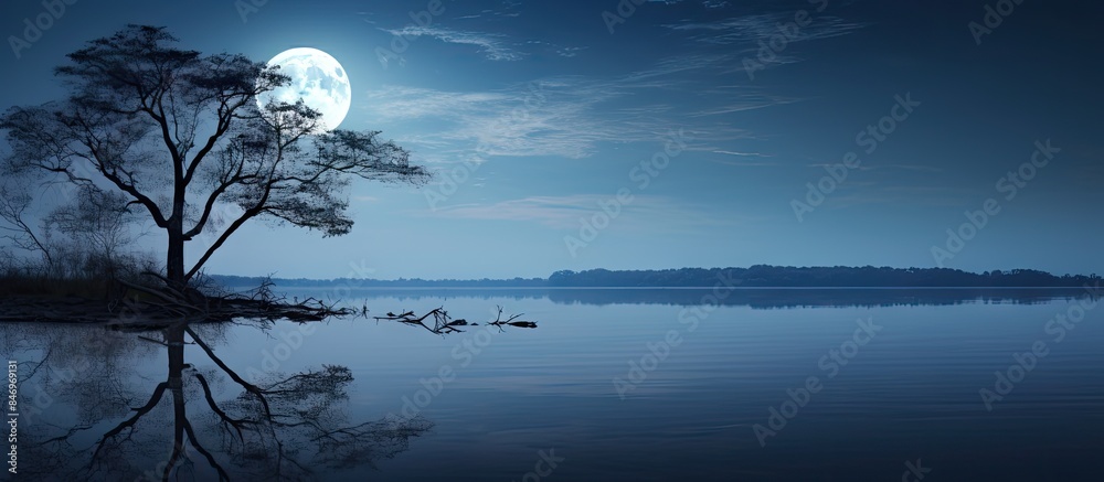 Poster Solitary tree's image mirrored in serene lake under the super full moonlit night sky. with copy space image. Place for adding text or design