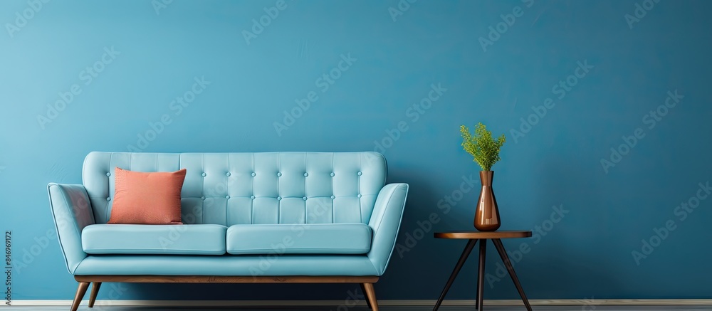 Aufkleber stylish room featuring a retro sofa against a blue wall with a side table. with copy space image. pl