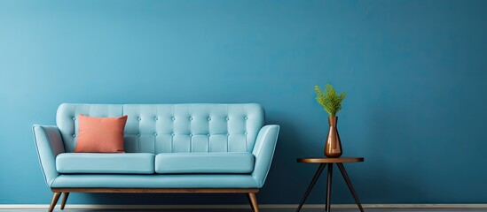 Stylish room featuring a retro sofa against a blue wall with a side table. with copy space image....