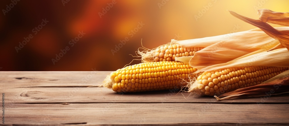 Aufkleber Brown corn in the glow of autumn light arranged on a wooden table, creating a warm and inviting scene. with copy space image. Place for adding text or design