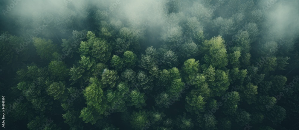 Fototapete lush forest landscape filled with numerous trees enveloped in a blanket of fog. with copy space imag