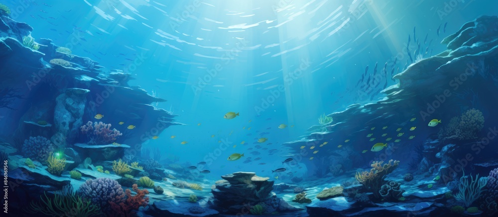 Poster Lively underwater environment showcasing a colorful coral reef teeming with a variety of fish species. with copy space image. Place for adding text or design