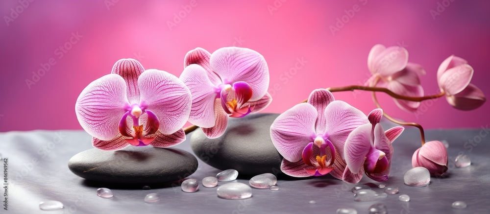 Leinwandbilder pair of pink orchids accompanied by therapy stones displayed on a tabletop. with copy space image. p