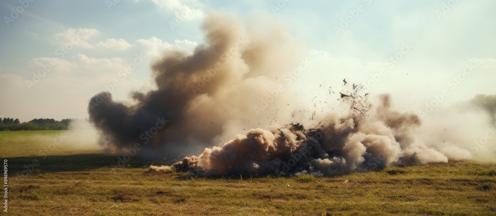 Fototapete A large vehicle with a wheel is moving on a dusty path close to a fierce fire in the field, emitting smoke and dust. with copy space image. Place for adding text or design
