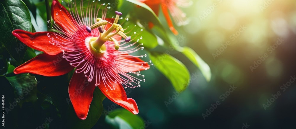 Aufkleber vibrant red passiflora scarlet flame, also known as red passion flower, blossoming on a plant. with 