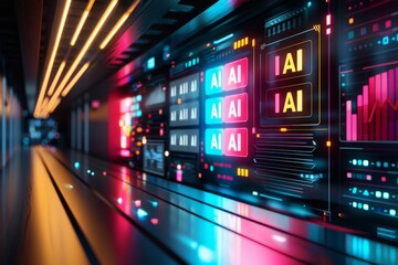 Fototapeta premium AI control room with neon lights, digital art, technology innovation, artificial intelligence, high tech visuals, cyber theme, modern design