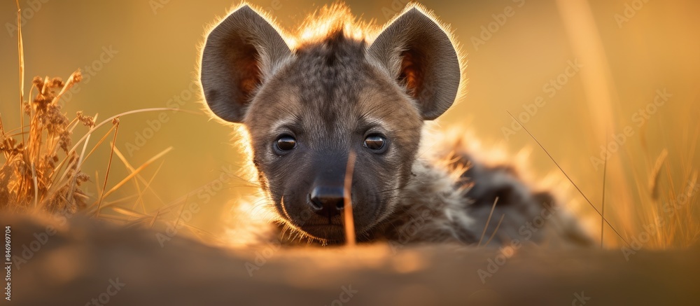 Poster spotted young hyena peeks out from grass during bright morning hours. with copy space image. place f